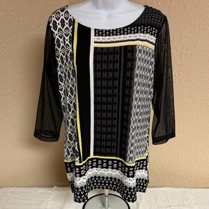 4/$15 Tribal Black and White Patterned Blouse with Yellow Accents